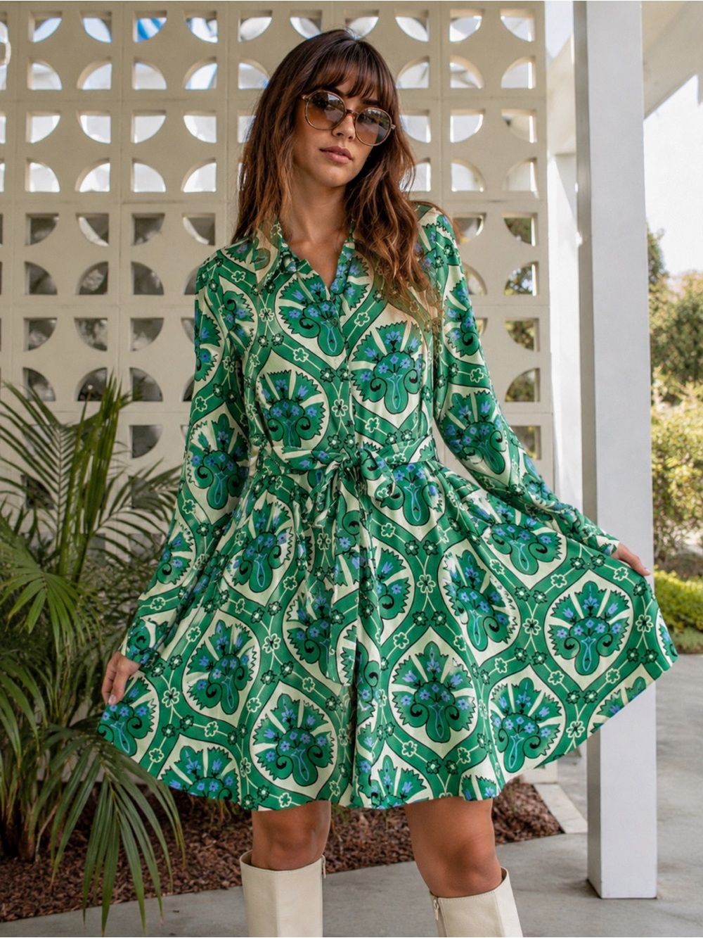 AN’GE Okapie Mod Shirt Dress Psychedelic Pucci Inspired Geo Print Tie Waist S